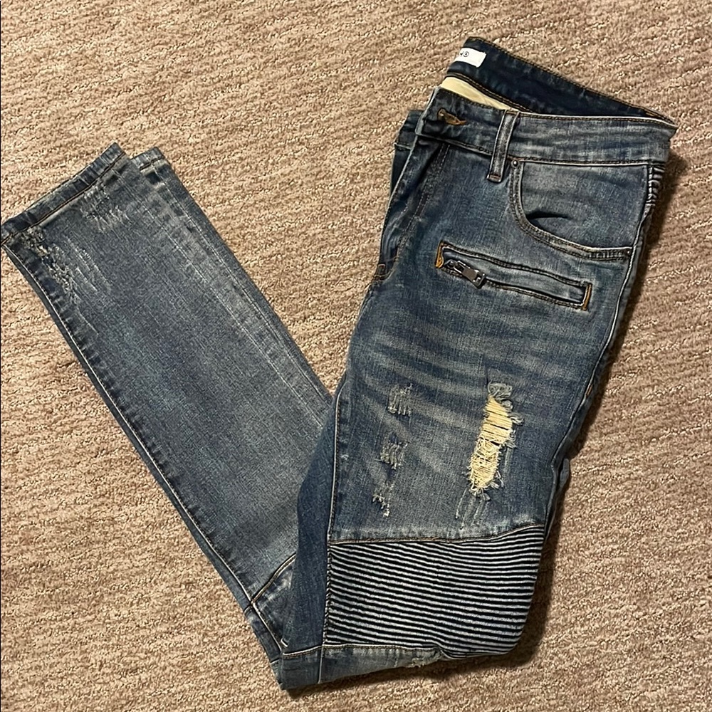 Men's Blue Distressed Embellished Jeans